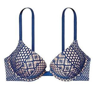 Victoria's Secret Women's Cobalt Blue Lace Over Nude Very Sexy Pushup Bra Sz 36A